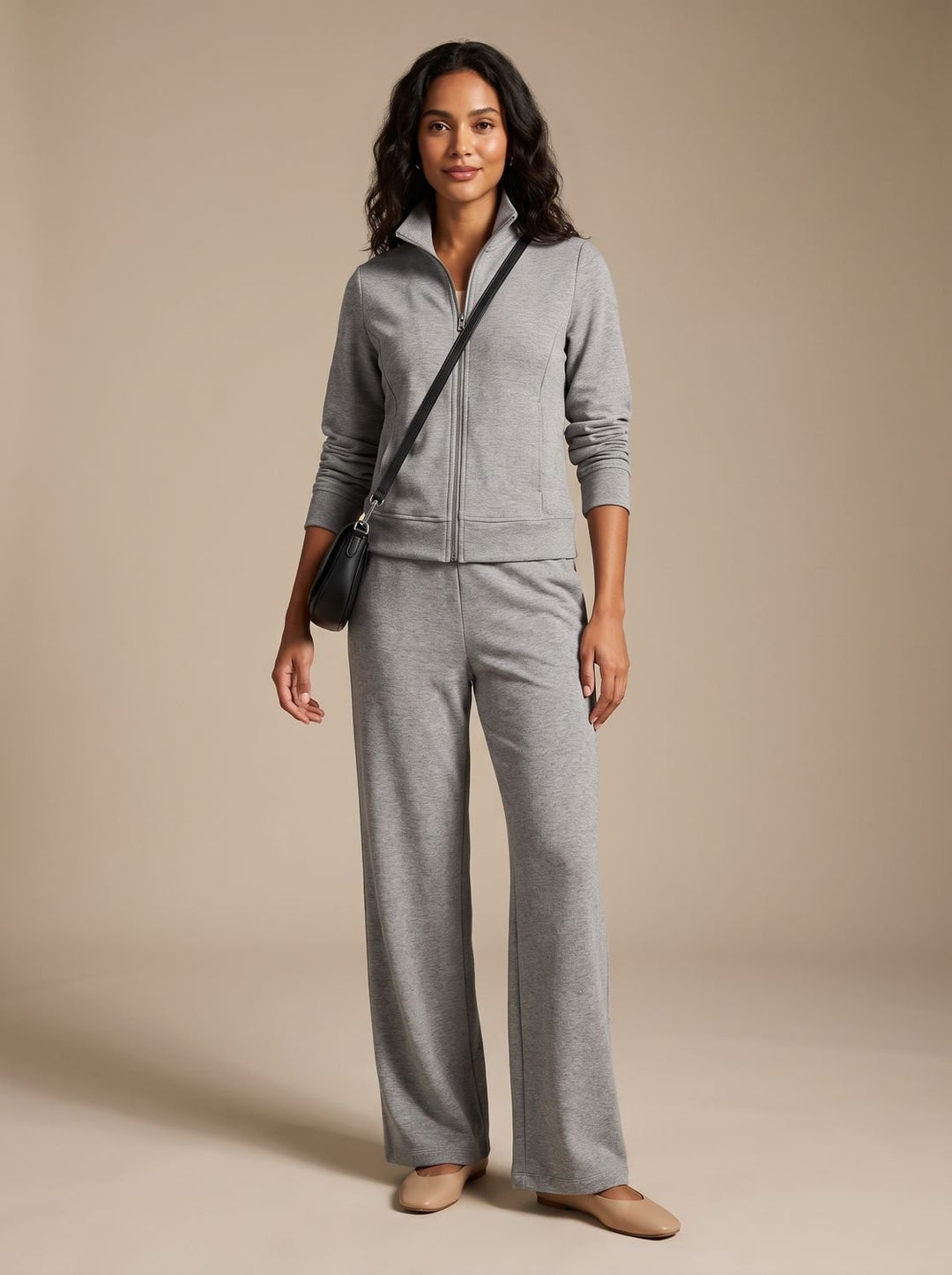 Women's Two-Piece Outfit Wide-Leg Zip-Front Sculpted Matching Set - Gray