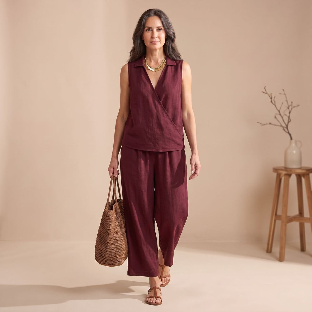 Women's Two Piece Set Collared Wrap Top Wide-Leg Pants - Red
