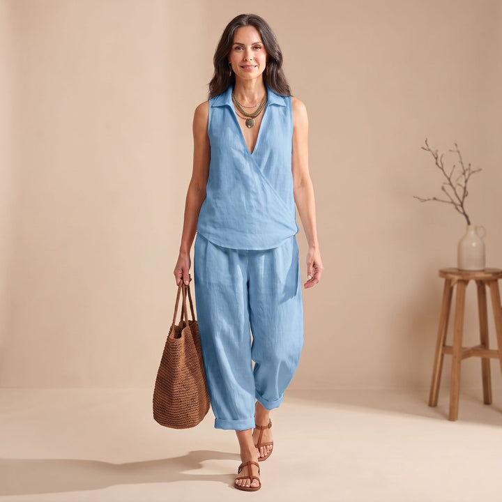 Women's Two Piece Set Collared Wrap Top Wide-Leg Pants - Light Blue