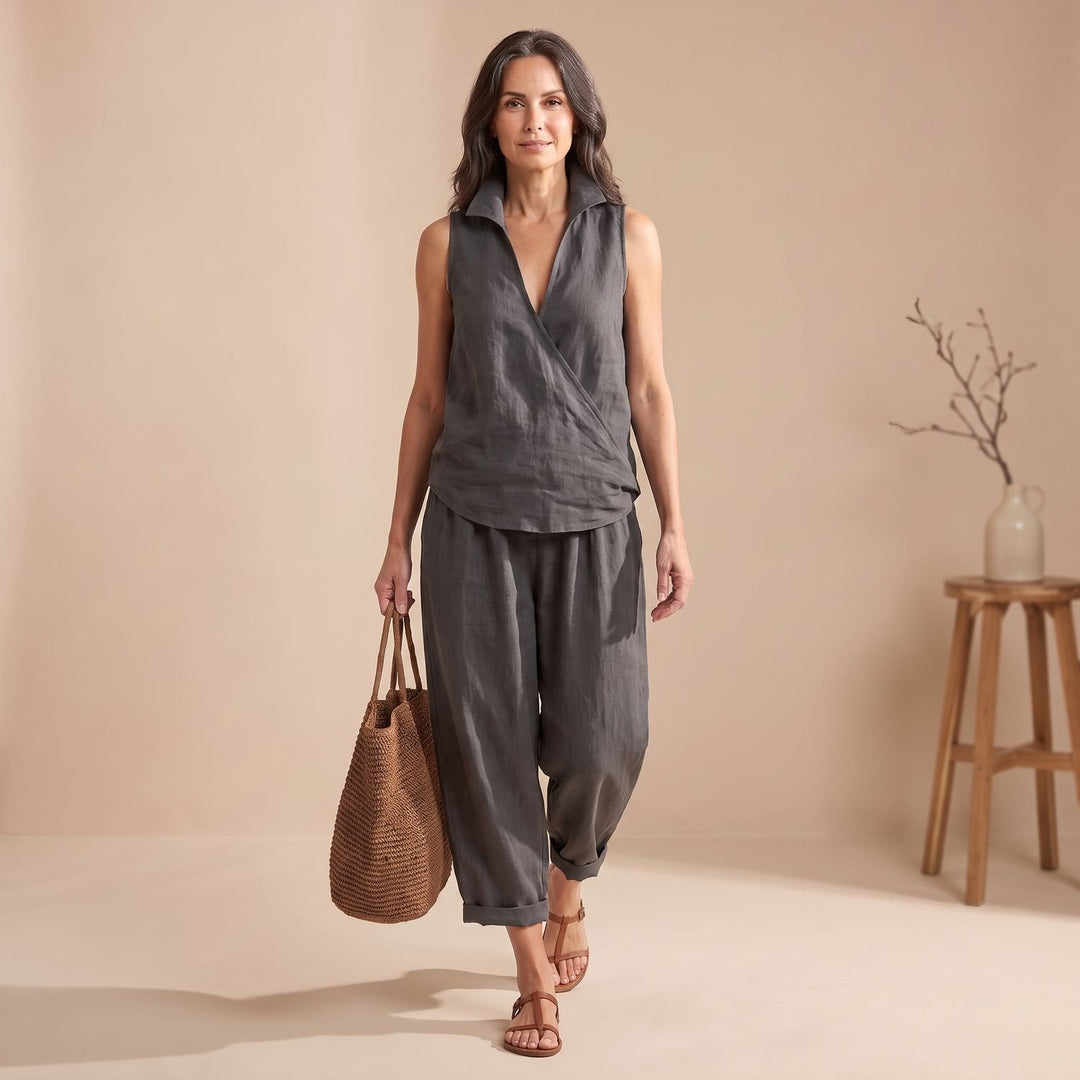 Women's Two Piece Set Collared Wrap Top Wide-Leg Pants - Gray