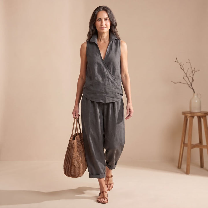 Women's Two Piece Set Collared Wrap Top Wide-Leg Pants - Gray