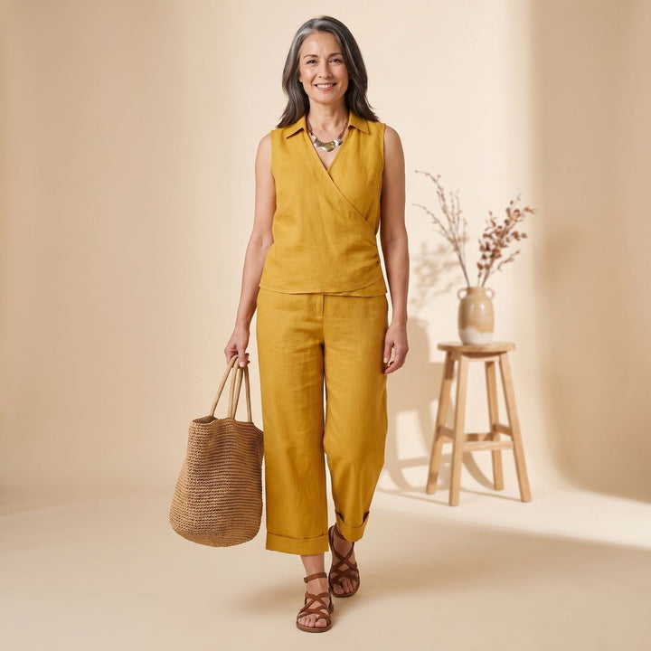 Women's Two Piece Set Collared Wrap Top Wide-Leg Pants - Yellow