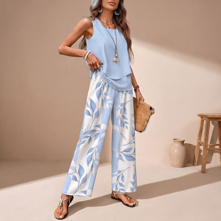 Women's Two Piece Set Sleeveless Layered Top Wide-Leg Pants - Blue
