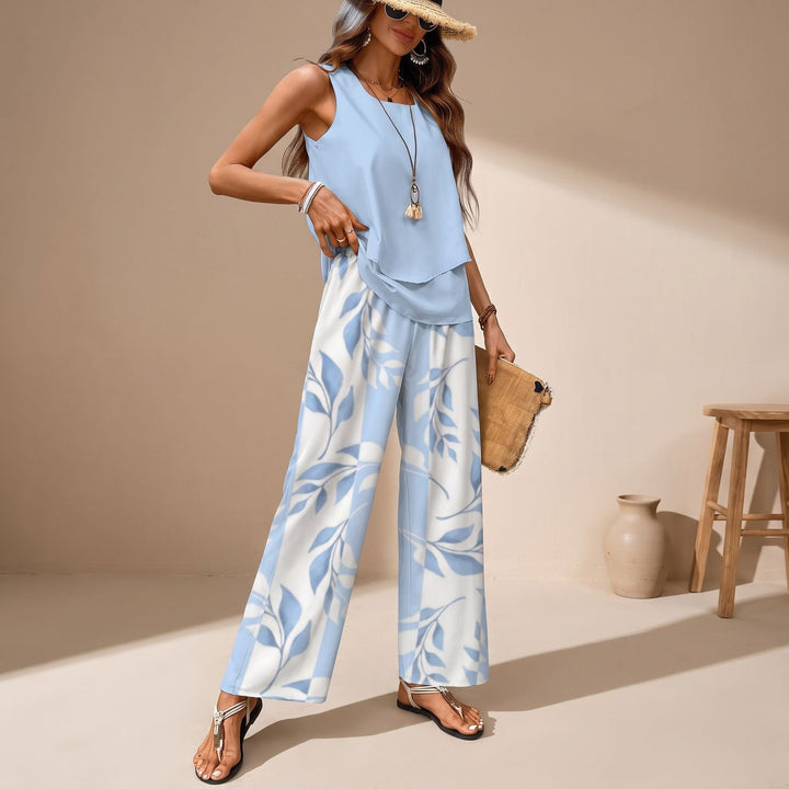 Women's Two Piece Set Sleeveless Layered Top Wide-Leg Pants