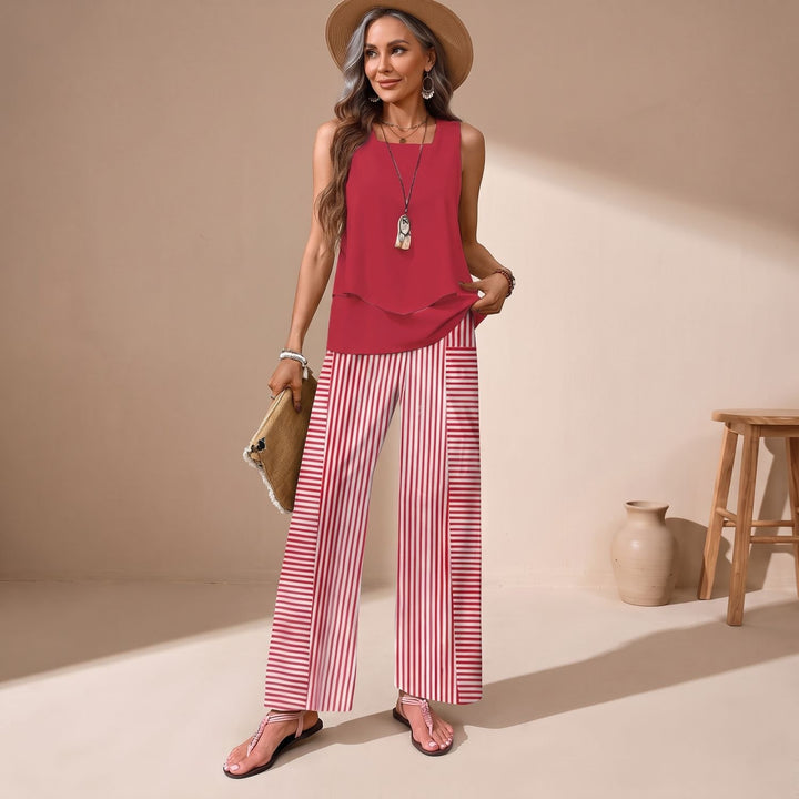 Women's Two Piece Set Sleeveless Layered Top Wide-Leg Pants - Red
