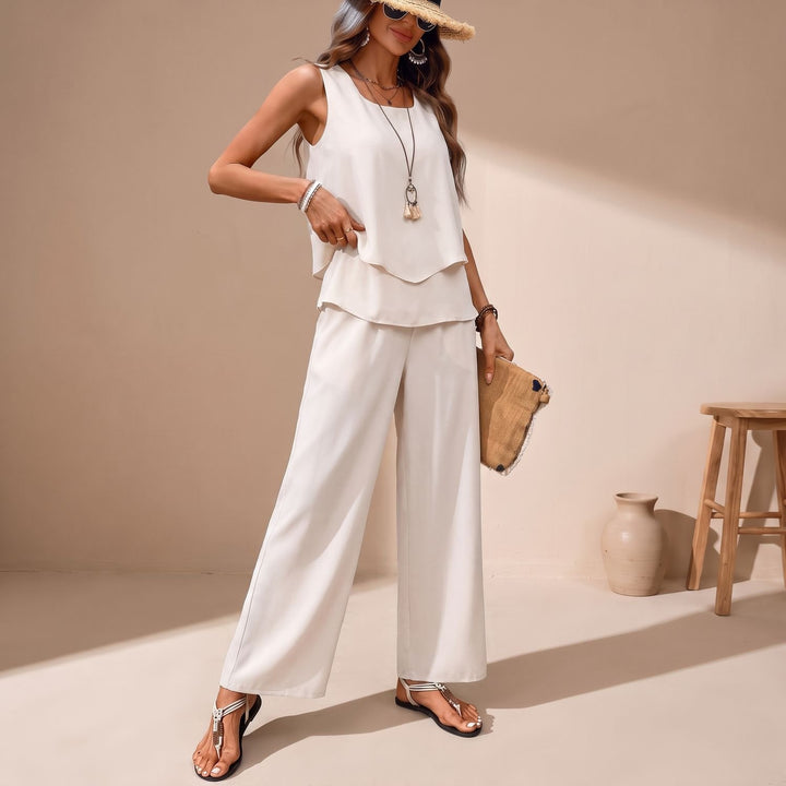 Women's Two Piece Set Sleeveless Layered Top Wide-Leg Pants - Beige