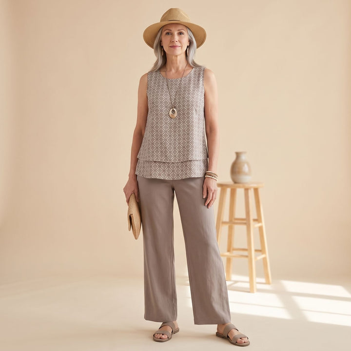Women's Two Piece Set Sleeveless Layered Top Wide-Leg Pants - Brown
