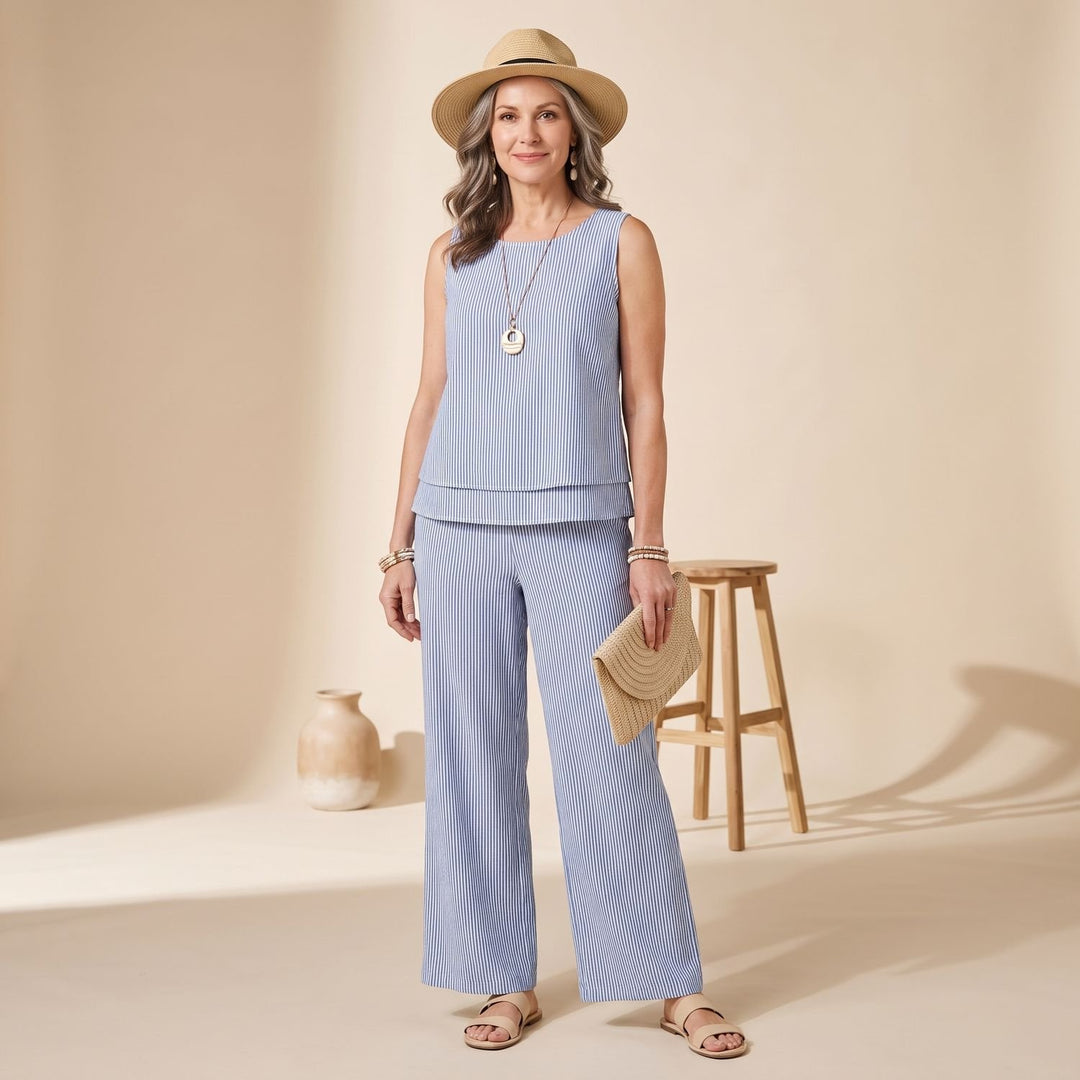 Women's Two Piece Set Sleeveless Layered Top Wide-Leg Pants - Striped