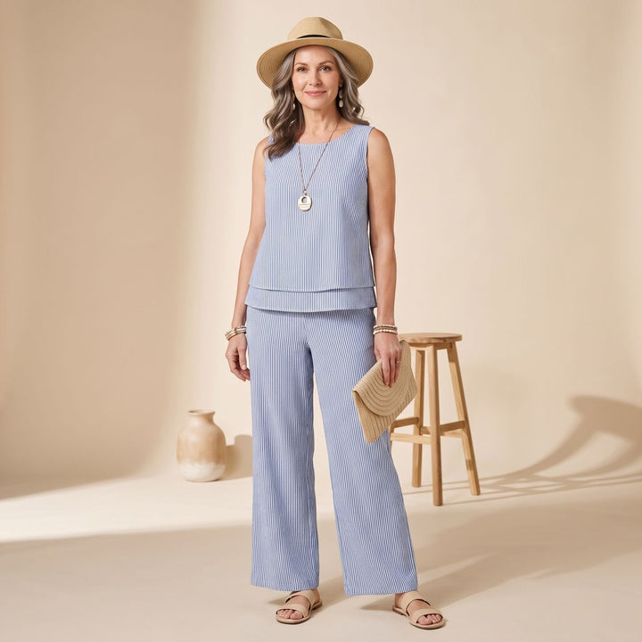 Women's Two Piece Set Sleeveless Layered Top Wide-Leg Pants - Striped