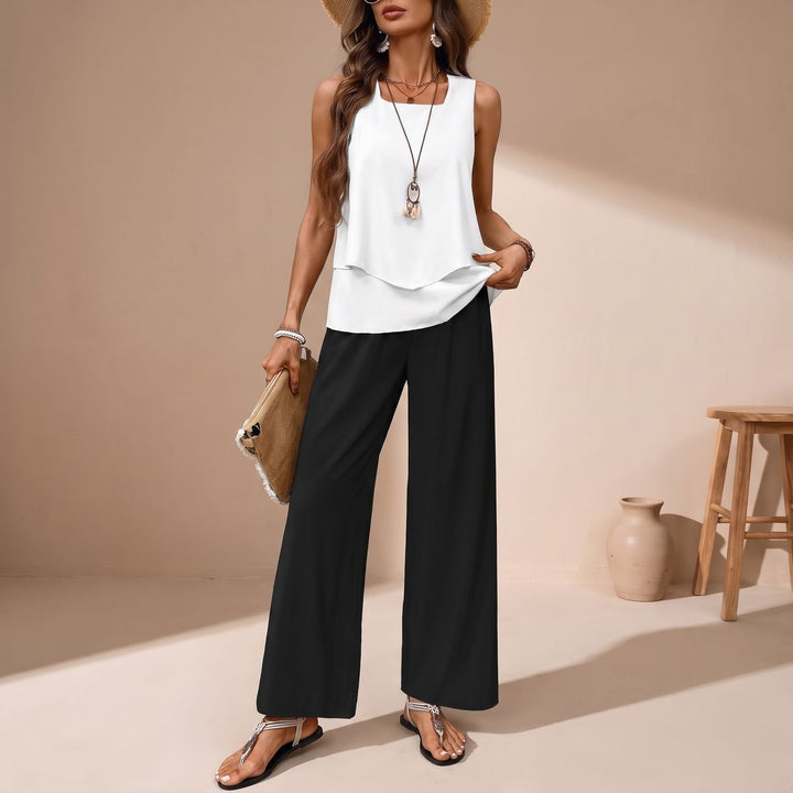 Women's Two Piece Set Sleeveless Layered Top Wide-Leg Pants - White & Black