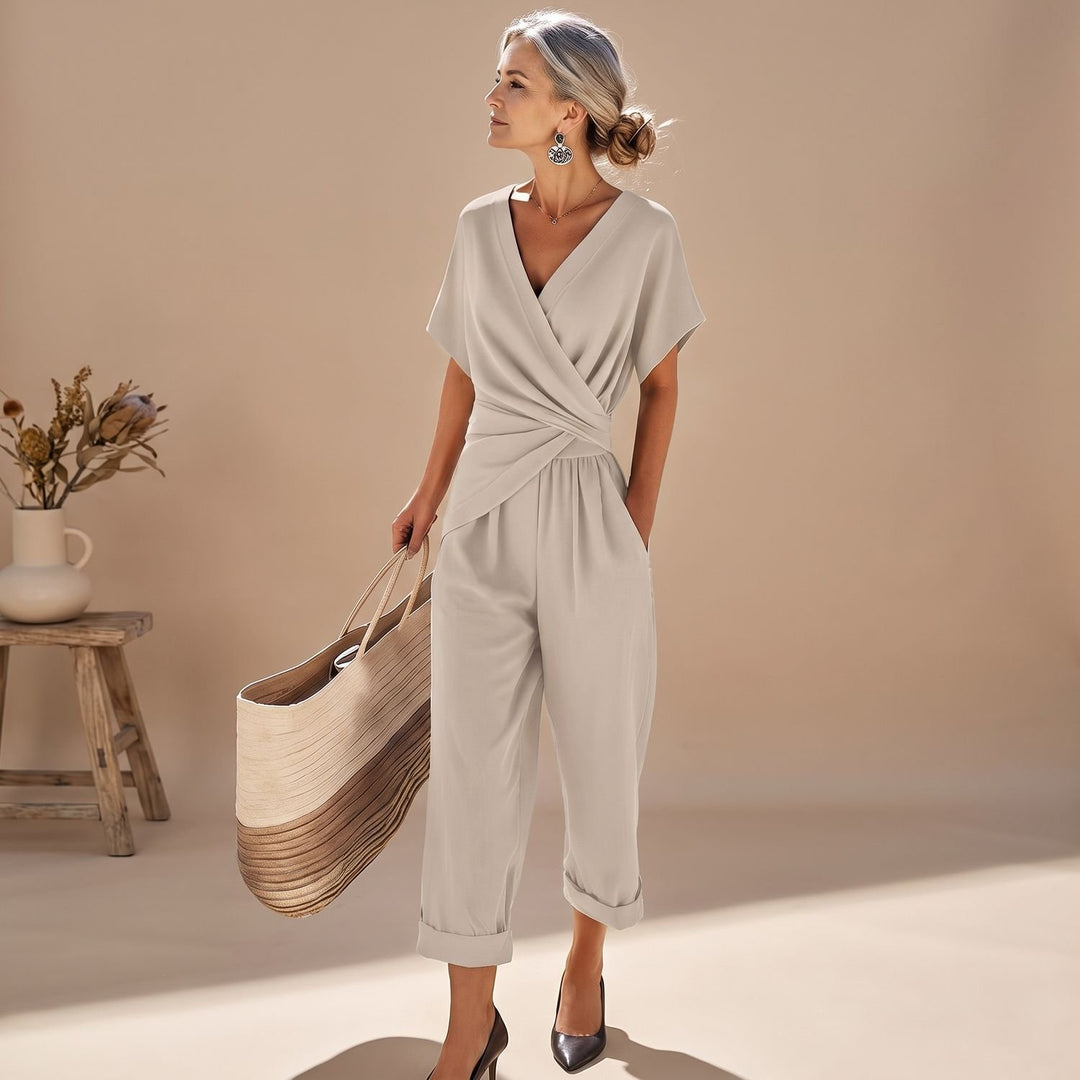 Women's Two Piece Set Wrap V-Neck Top Straight-Leg Capri Jumpsuit - Apricot