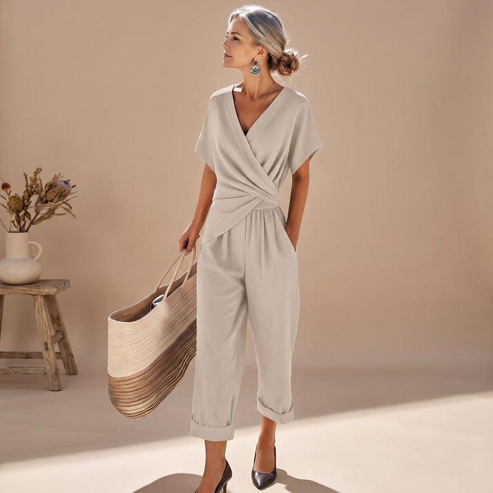 Women's Two Piece Set Wrap V-Neck Top Straight-Leg Capri Jumpsuit - Apricot