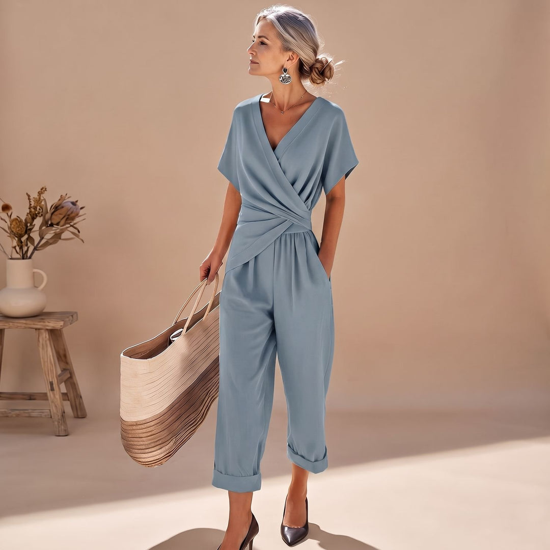 Women's Two Piece Set Wrap V-Neck Top Straight-Leg Capri Jumpsuit - Blue
