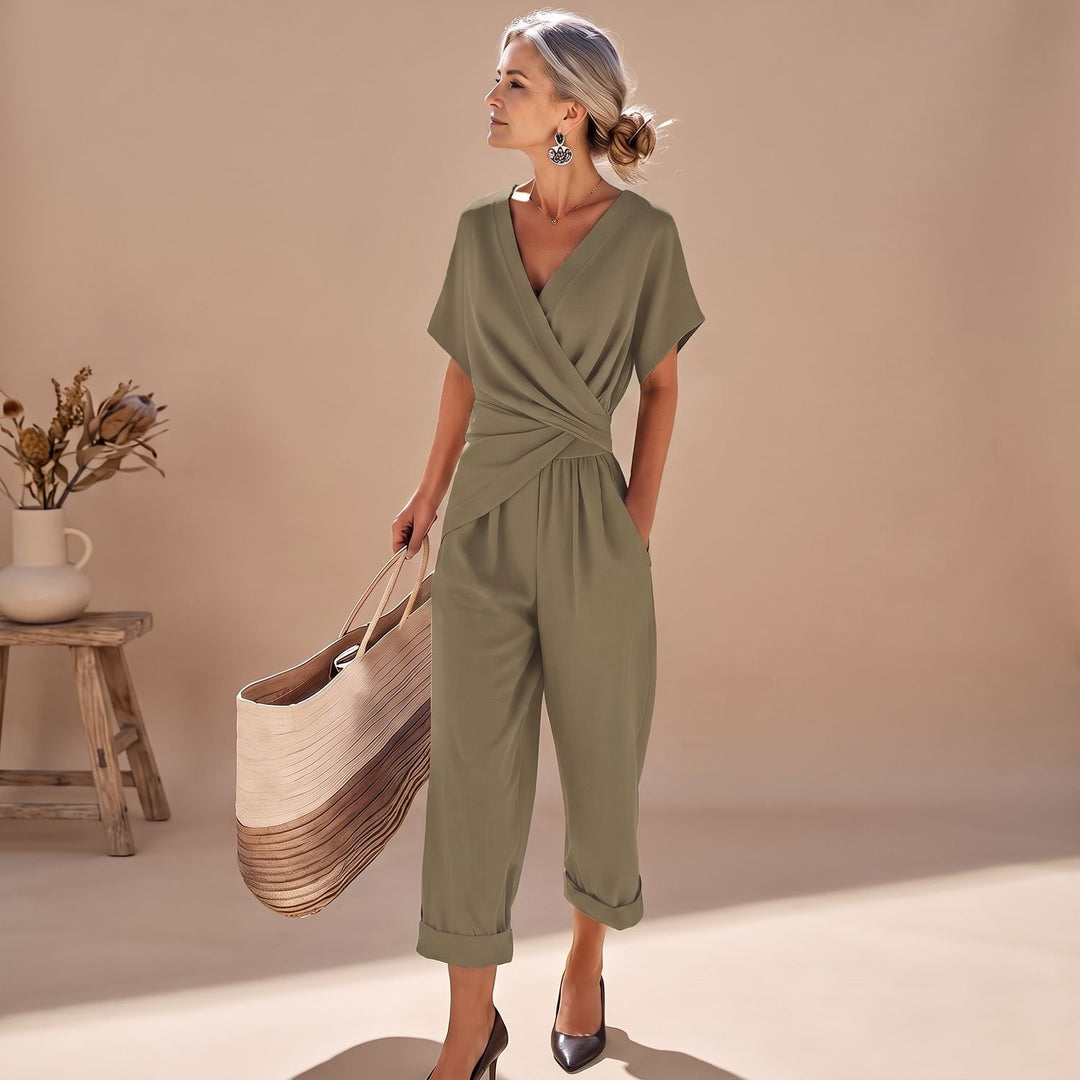 Women's Two Piece Set Wrap V-Neck Top Straight-Leg Capri Jumpsuit - Khaki