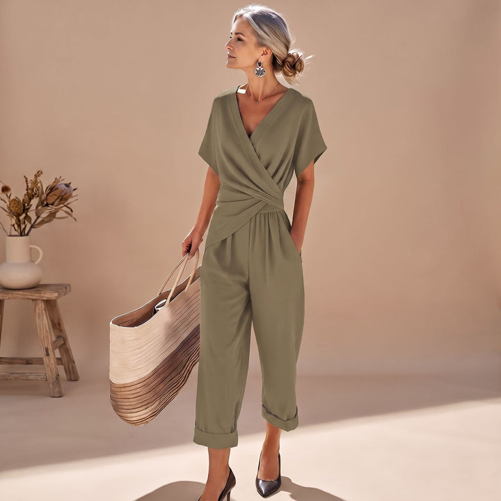 Women's Two Piece Set Wrap V-Neck Top Straight-Leg Capri Jumpsuit - Khaki
