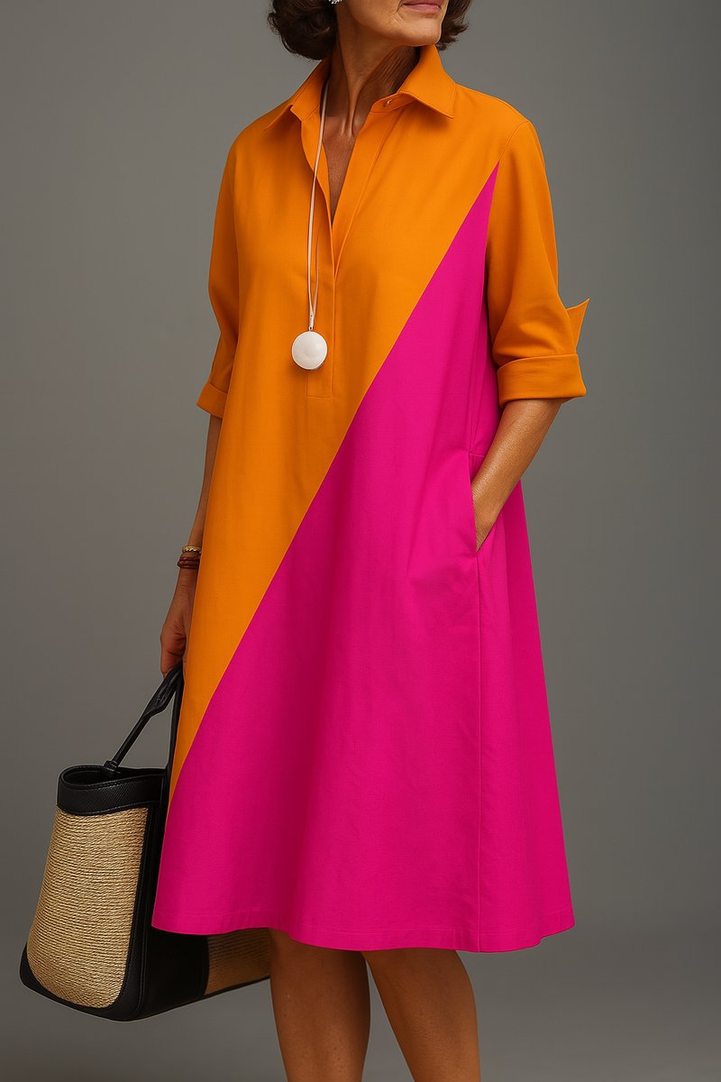 Women's Two-Tone A-Line Midi Cocktail Dress Collared Shift - Orange Pink
