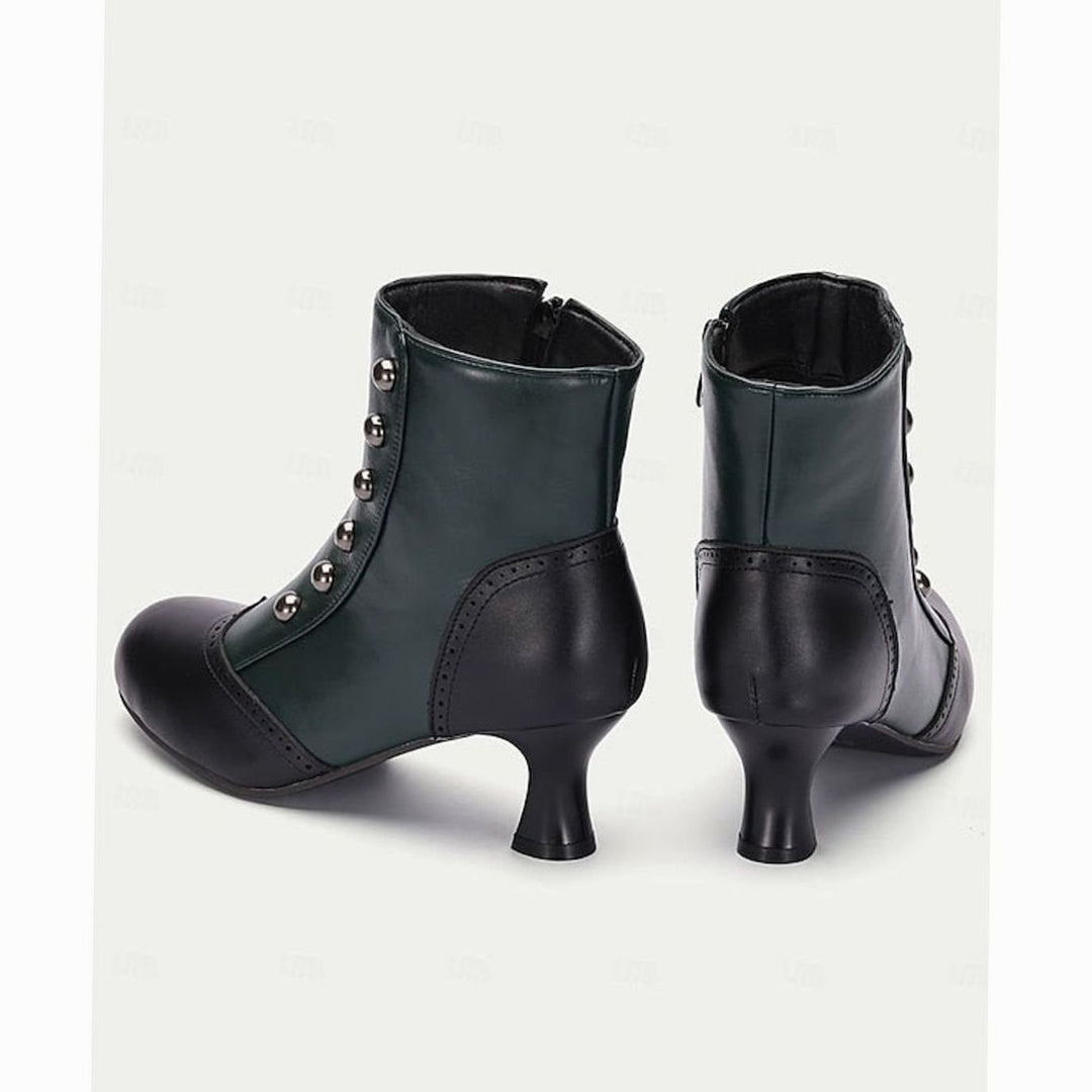 Women's Two-Tone Vintage Buttoned Spool-Heel Ankle Boots