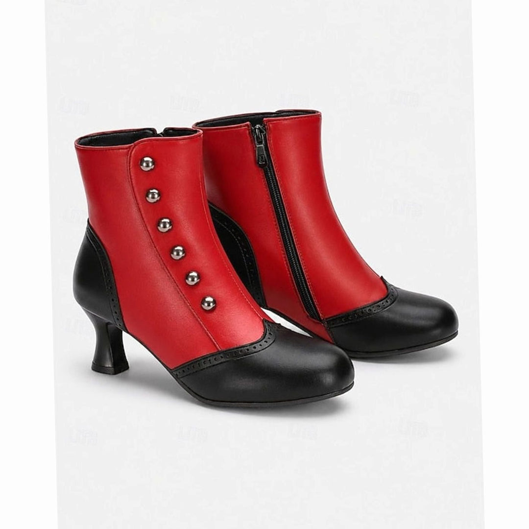 Women's Two-Tone Vintage Buttoned Spool-Heel Ankle Boots - Black / Red