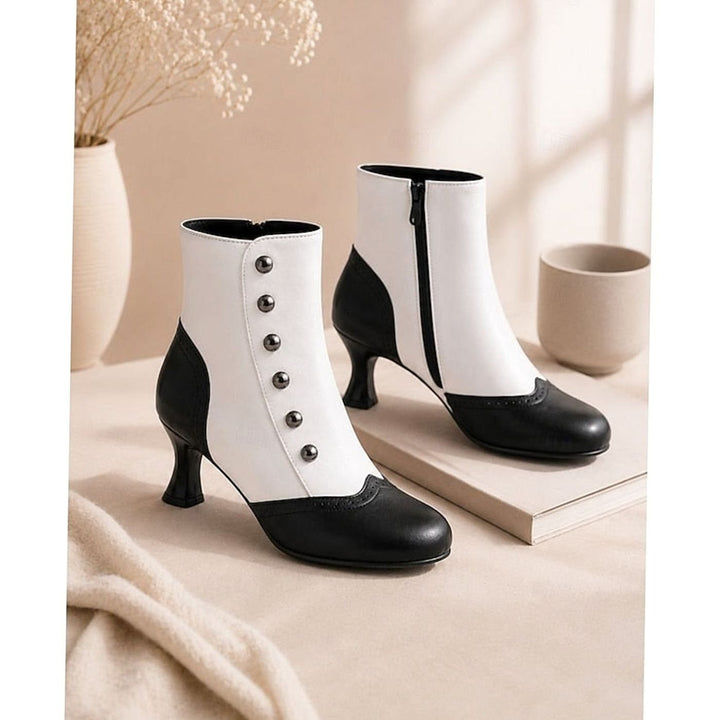 Women's Two-Tone Vintage Buttoned Spool-Heel Ankle Boots - Black / White