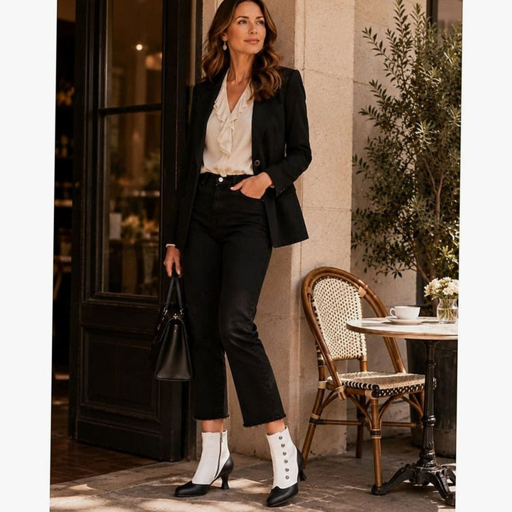 Women's Two-Tone Vintage Buttoned Spool-Heel Ankle Boots