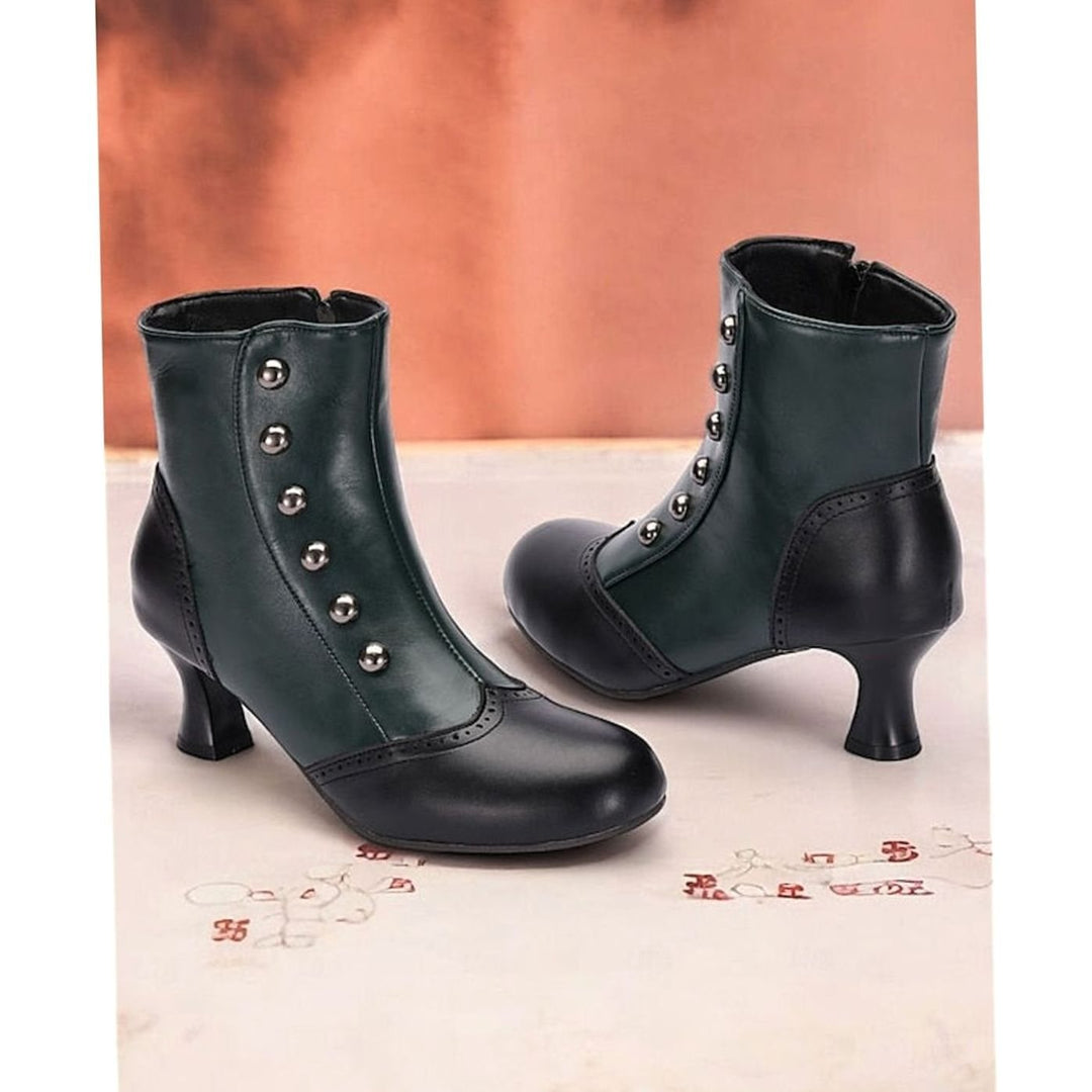 Women's Two-Tone Vintage Buttoned Spool-Heel Ankle Boots