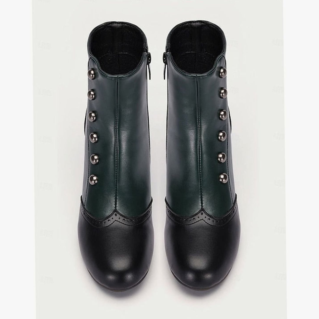 Women's Two-Tone Vintage Buttoned Spool-Heel Ankle Boots
