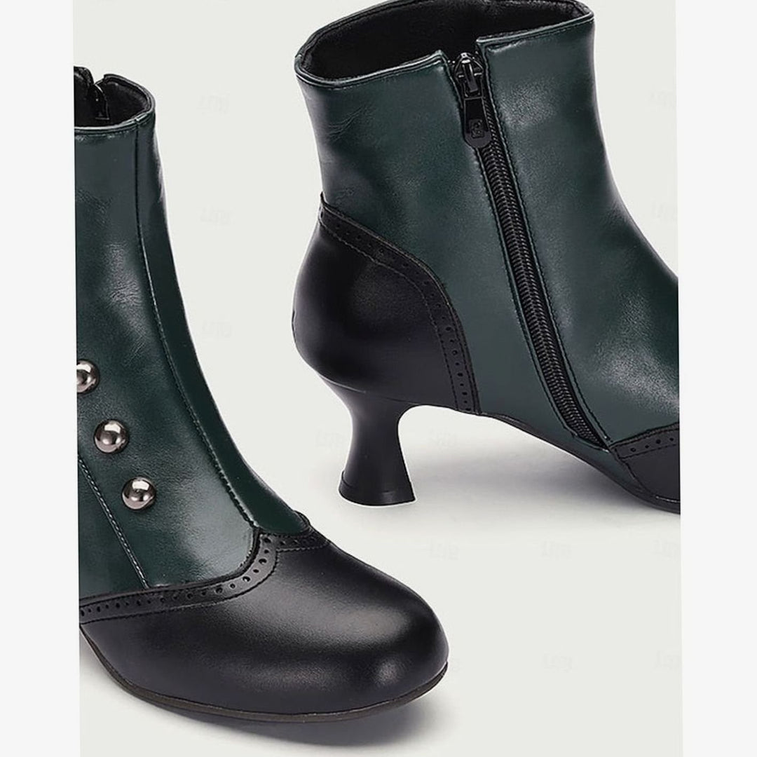 Women's Two-Tone Vintage Buttoned Spool-Heel Ankle Boots