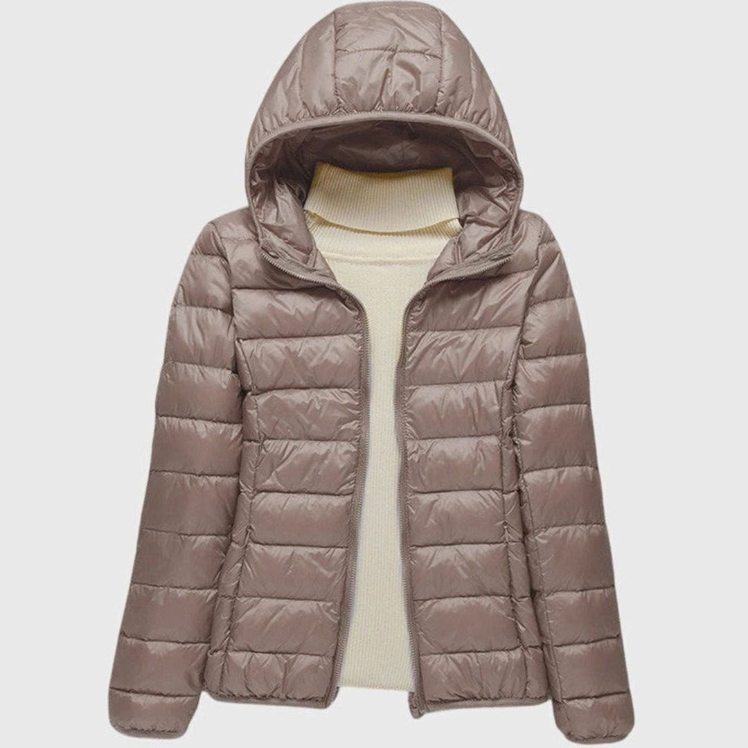 Women's Ultra-Light Quilted Hooded Winter Coat - Khaki Hood