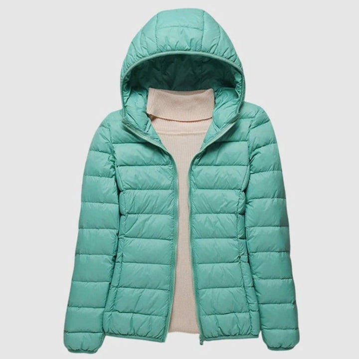 Women's Ultra-Light Quilted Hooded Winter Coat - Turquoise Hood