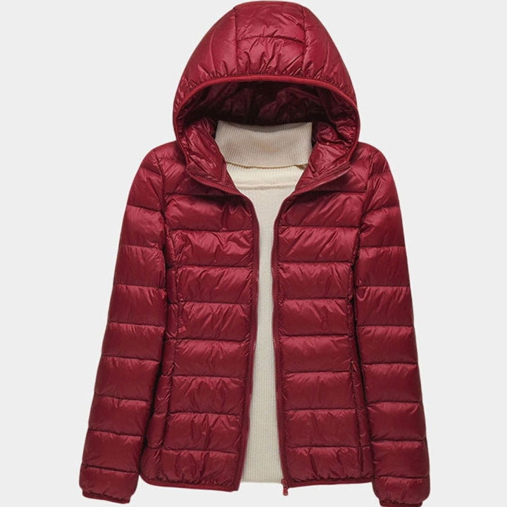 Women's Ultra-Light Quilted Hooded Winter Coat - Burgundy Hood