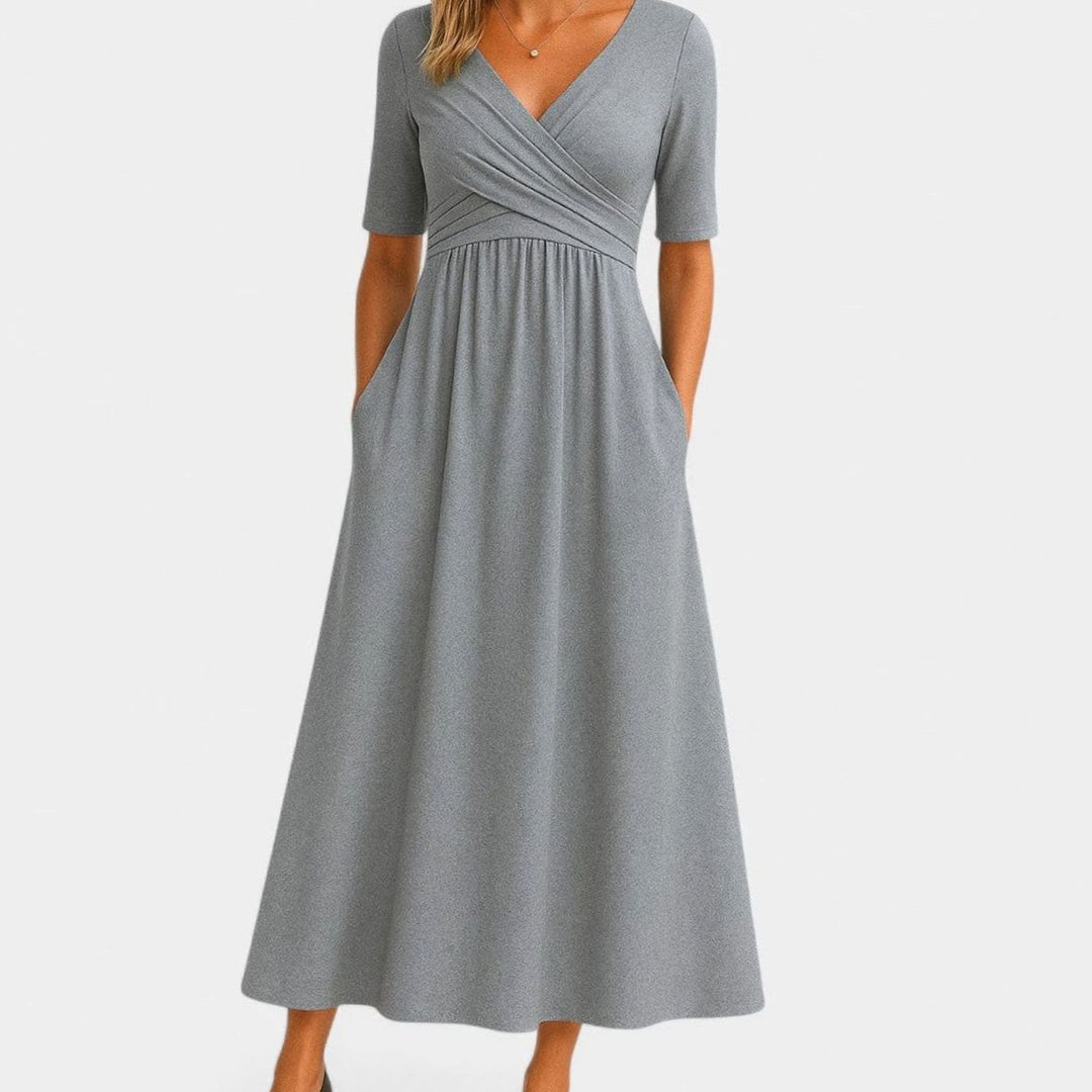 Women's V-Neck A-Line Midi Summer Dress Short Sleeve Crossover Waist - Gray