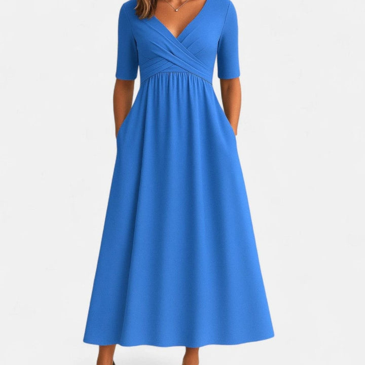 Women's V-Neck A-Line Midi Summer Dress Short Sleeve Crossover Waist - Azure