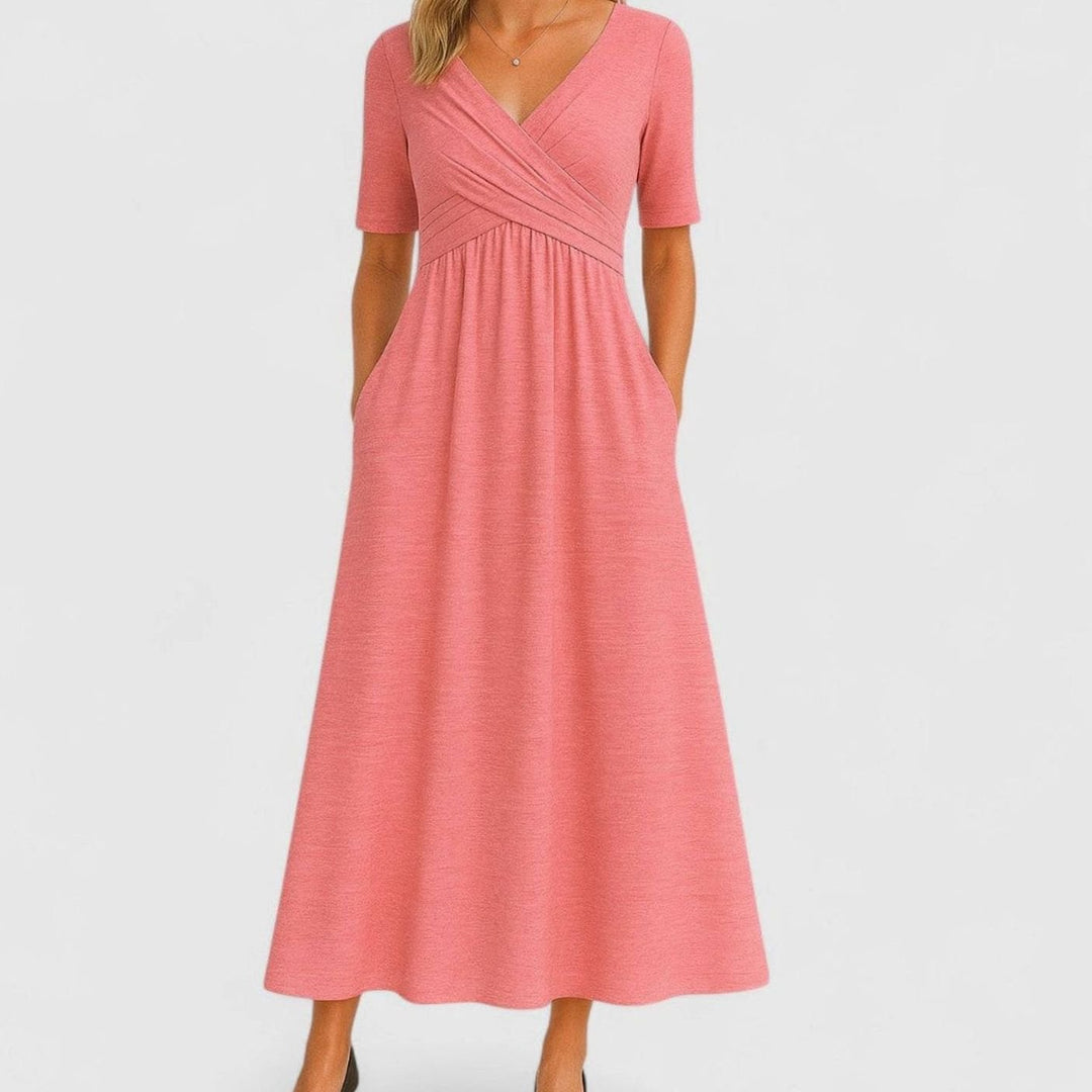 Women's V-Neck A-Line Midi Summer Dress Short Sleeve Crossover Waist - Pink