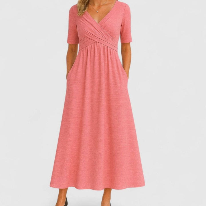 Women's V-Neck A-Line Midi Summer Dress Short Sleeve Crossover Waist - Pink