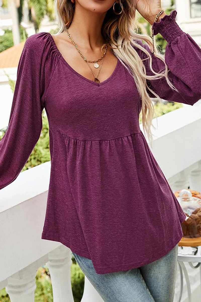 Women's V-Neck Babydoll Long Sleeve Flowy Tunic Top - Wine Red