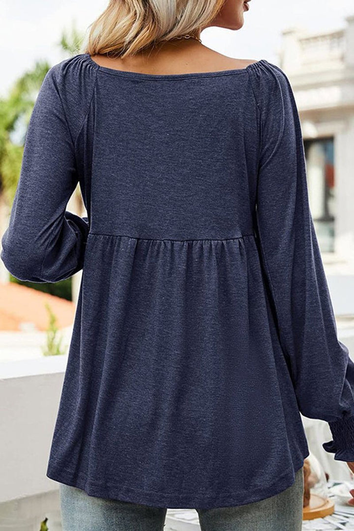 Women's V-Neck Babydoll Long Sleeve Flowy Tunic Top