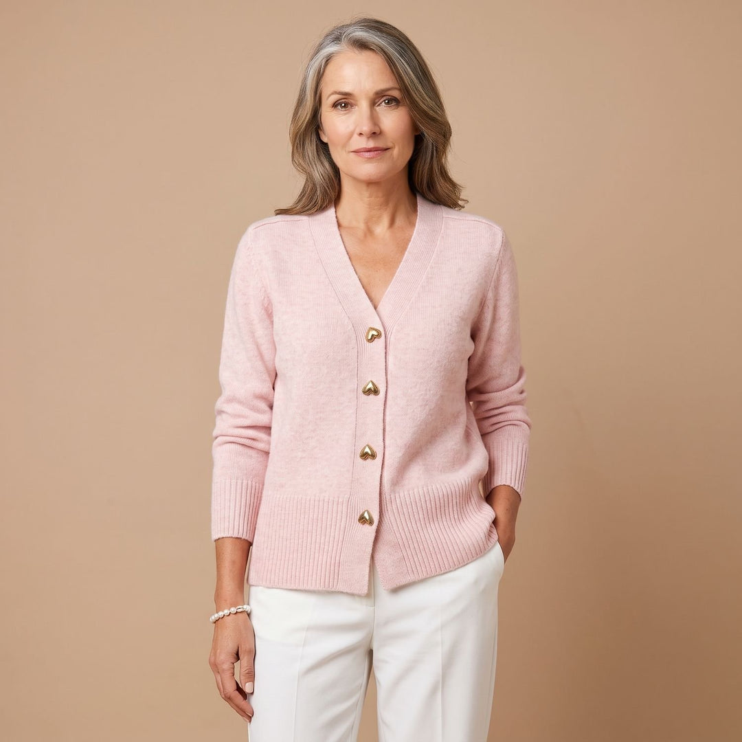 Women's V-Neck Button-Down Knit Cardigan Sweater Heart Buttons - Pink