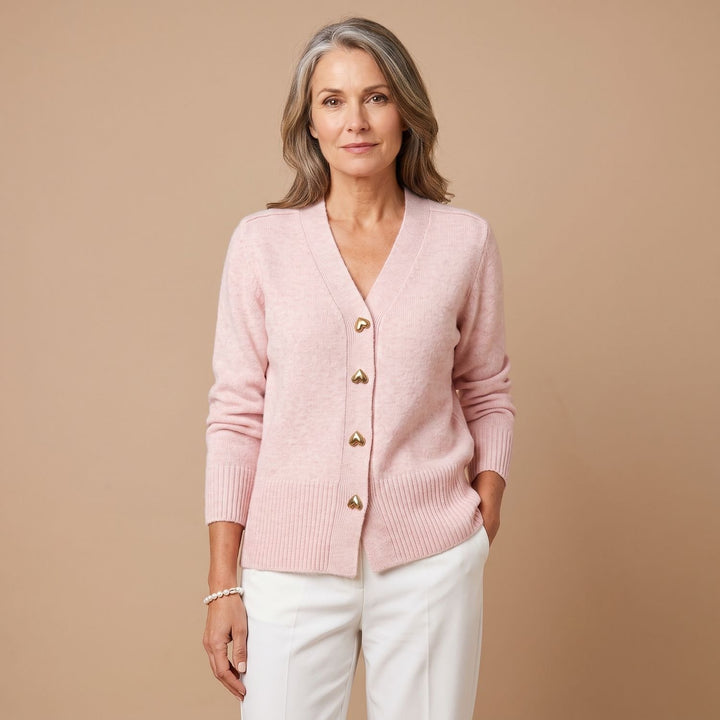 Women's V-Neck Button-Down Knit Cardigan Sweater Heart Buttons - Pink