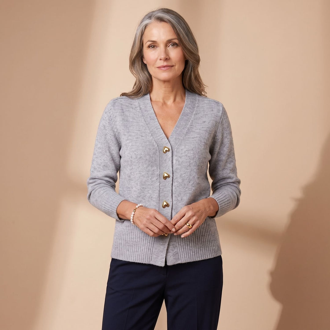 Women's V-Neck Button-Down Knit Cardigan Sweater Heart Buttons - Gray
