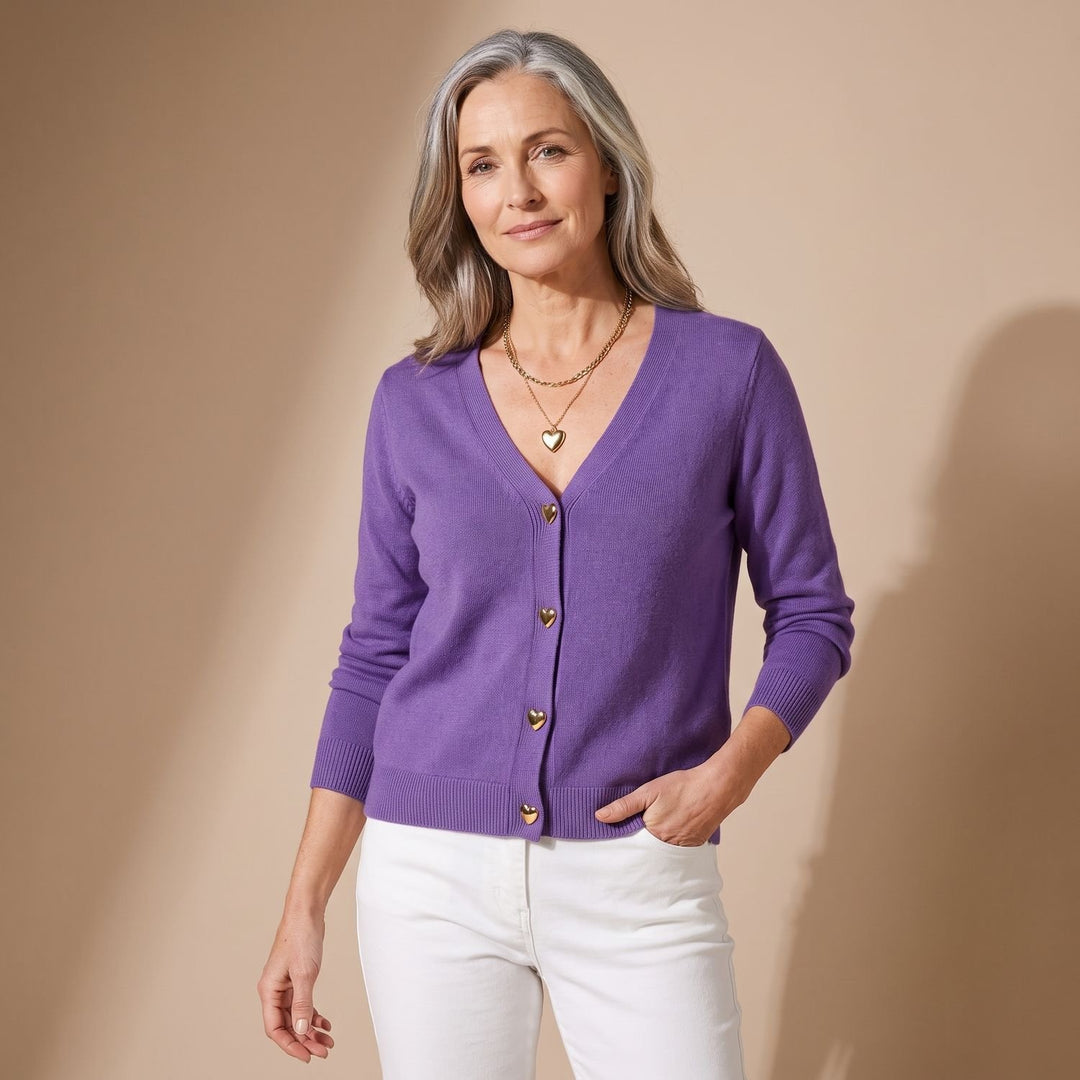 Women's V-Neck Button-Down Knit Cardigan Sweater Heart Buttons - Violet