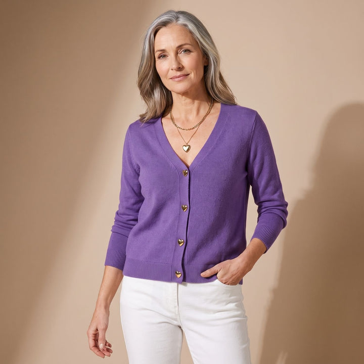 Women's V-Neck Button-Down Knit Cardigan Sweater Heart Buttons - Violet