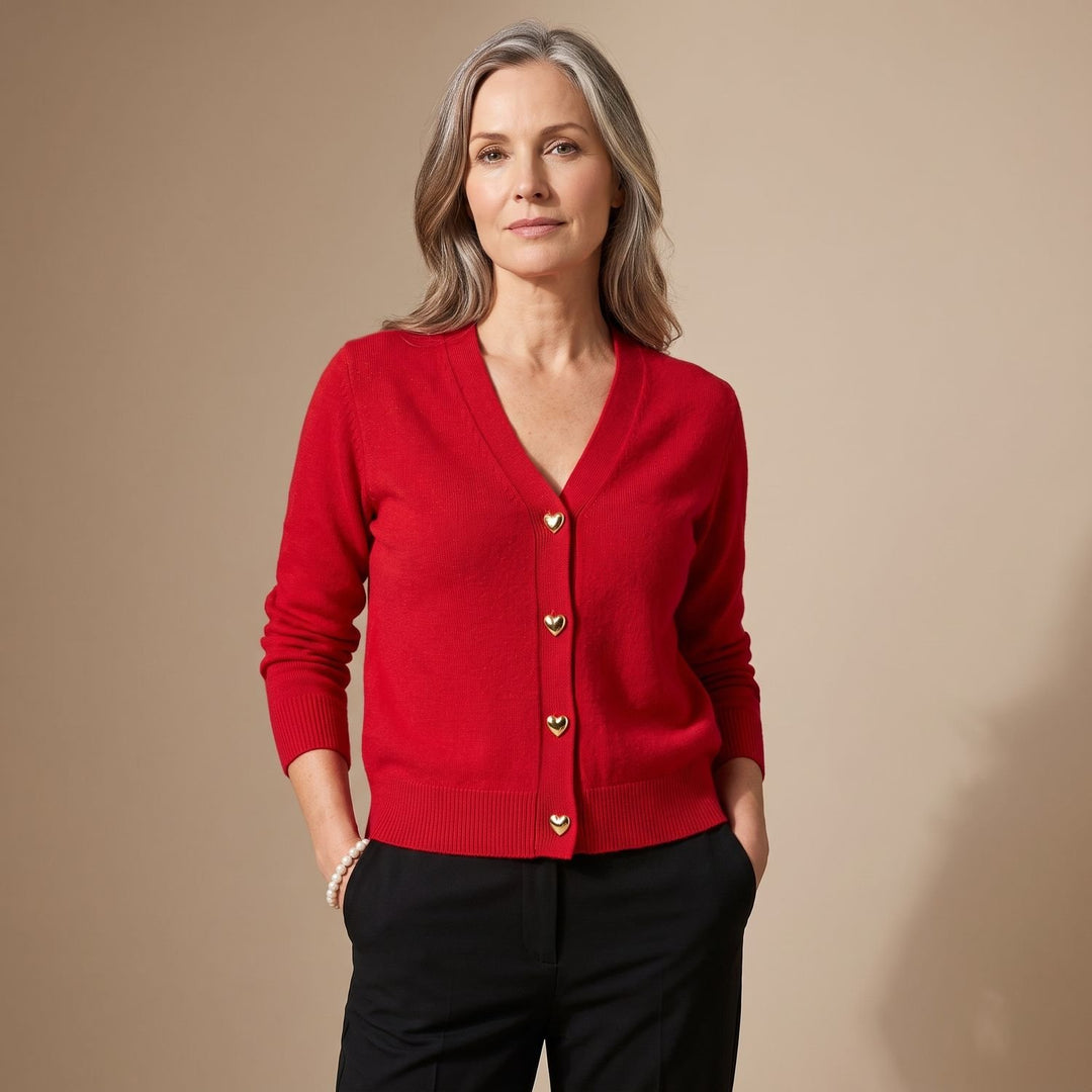 Women's V-Neck Button-Down Knit Cardigan Sweater Heart Buttons - Red