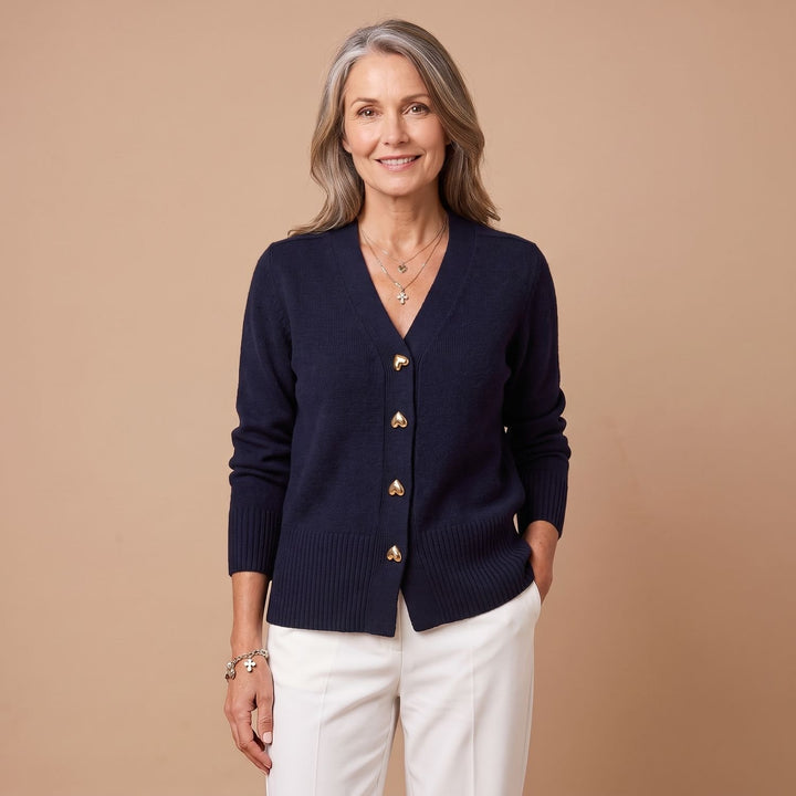 Women's V-Neck Button-Down Knit Cardigan Sweater Heart Buttons - Black