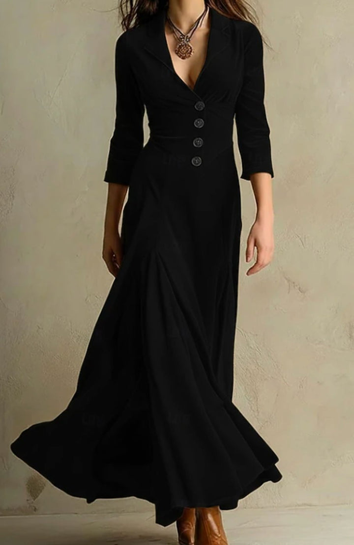 Women's V-Neck Button-Front 3/4 Sleeve Maxi Dress - Black