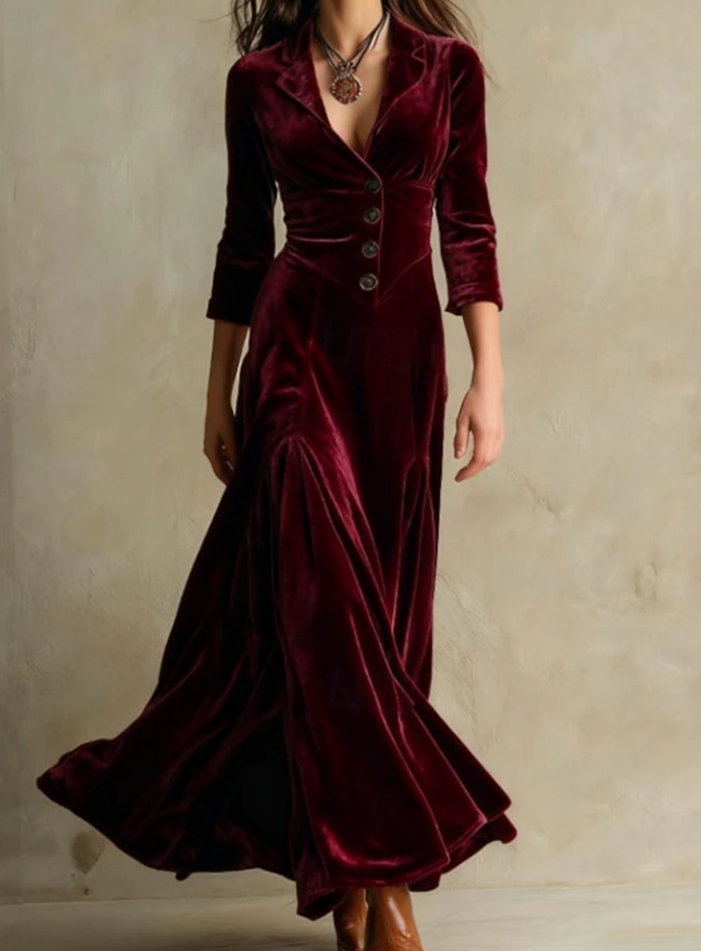 Women's V-Neck Button-Front 3/4 Sleeve Maxi Dress - Burgundy