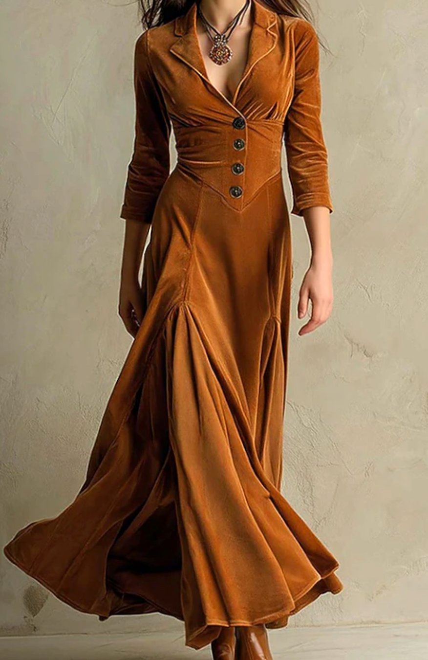 Women's V-Neck Button-Front 3/4 Sleeve Maxi Dress - Brown