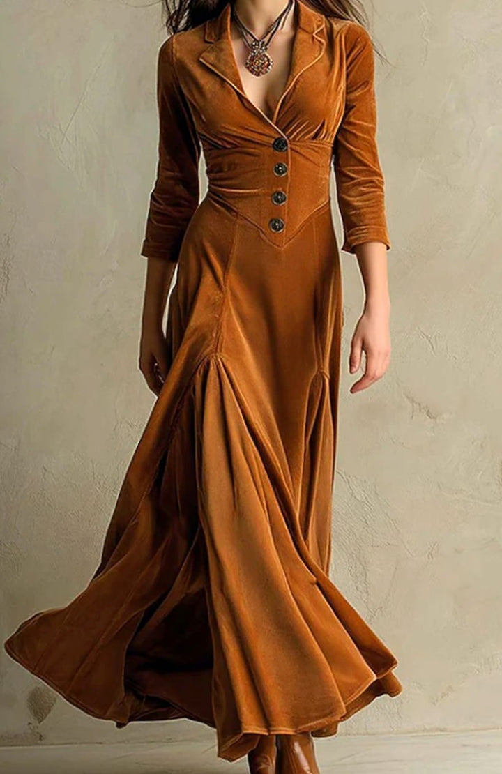 Women's V-Neck Button-Front 3/4 Sleeve Maxi Dress - Brown