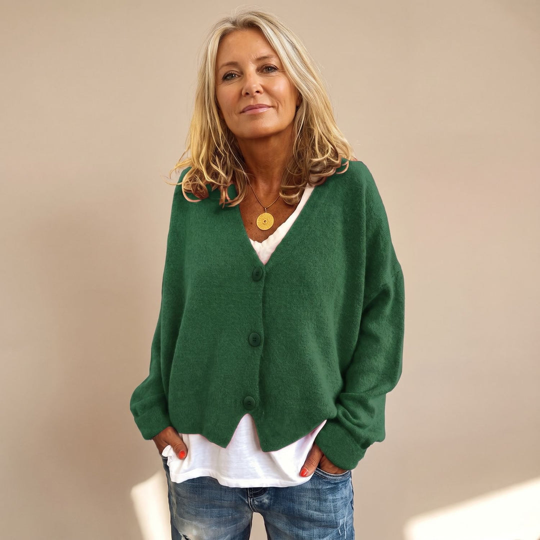 Women's V-Neck Button-Up Relaxed Knit Cardigan Sweater - Green