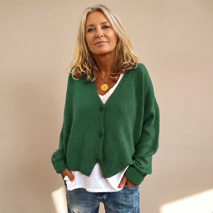 Women's V-Neck Button-Up Relaxed Knit Cardigan Sweater - Green