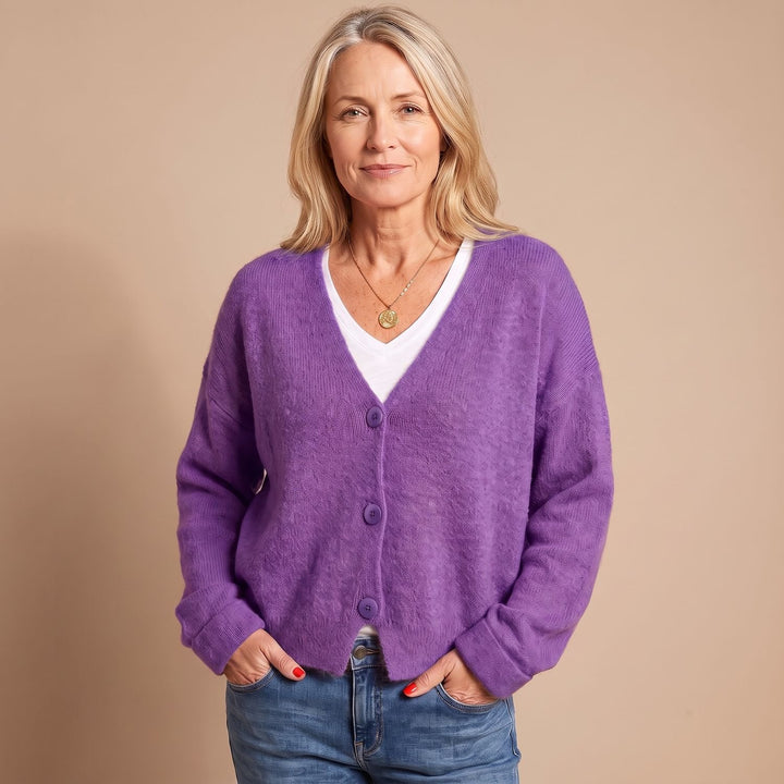 Women's V-Neck Button-Up Relaxed Knit Cardigan Sweater - Purple